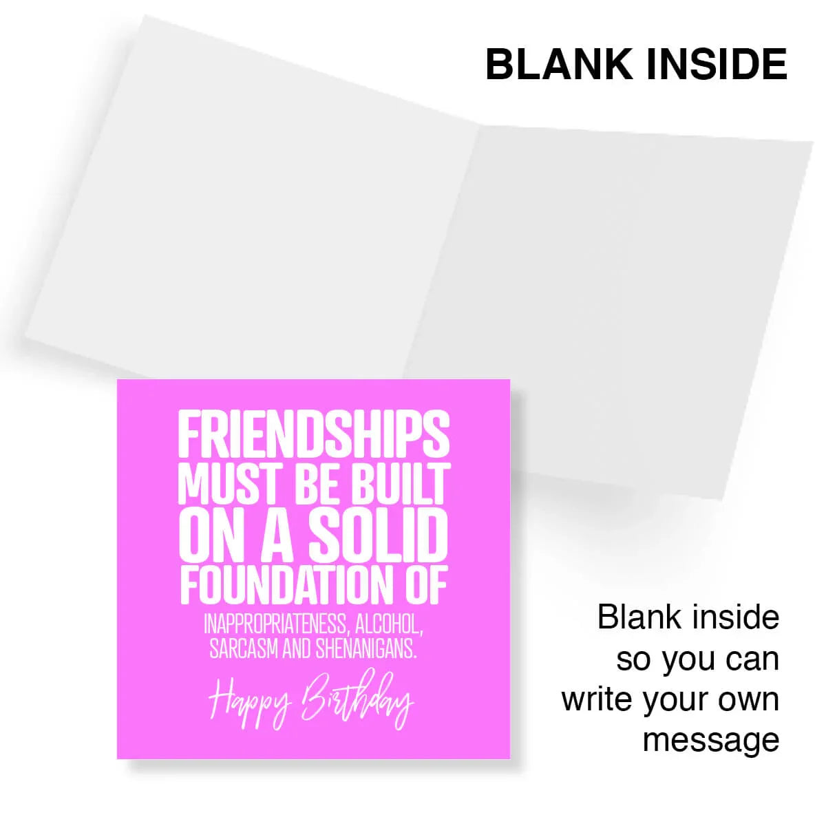 Greeting card with pink square and humorous birthday message on a white background
