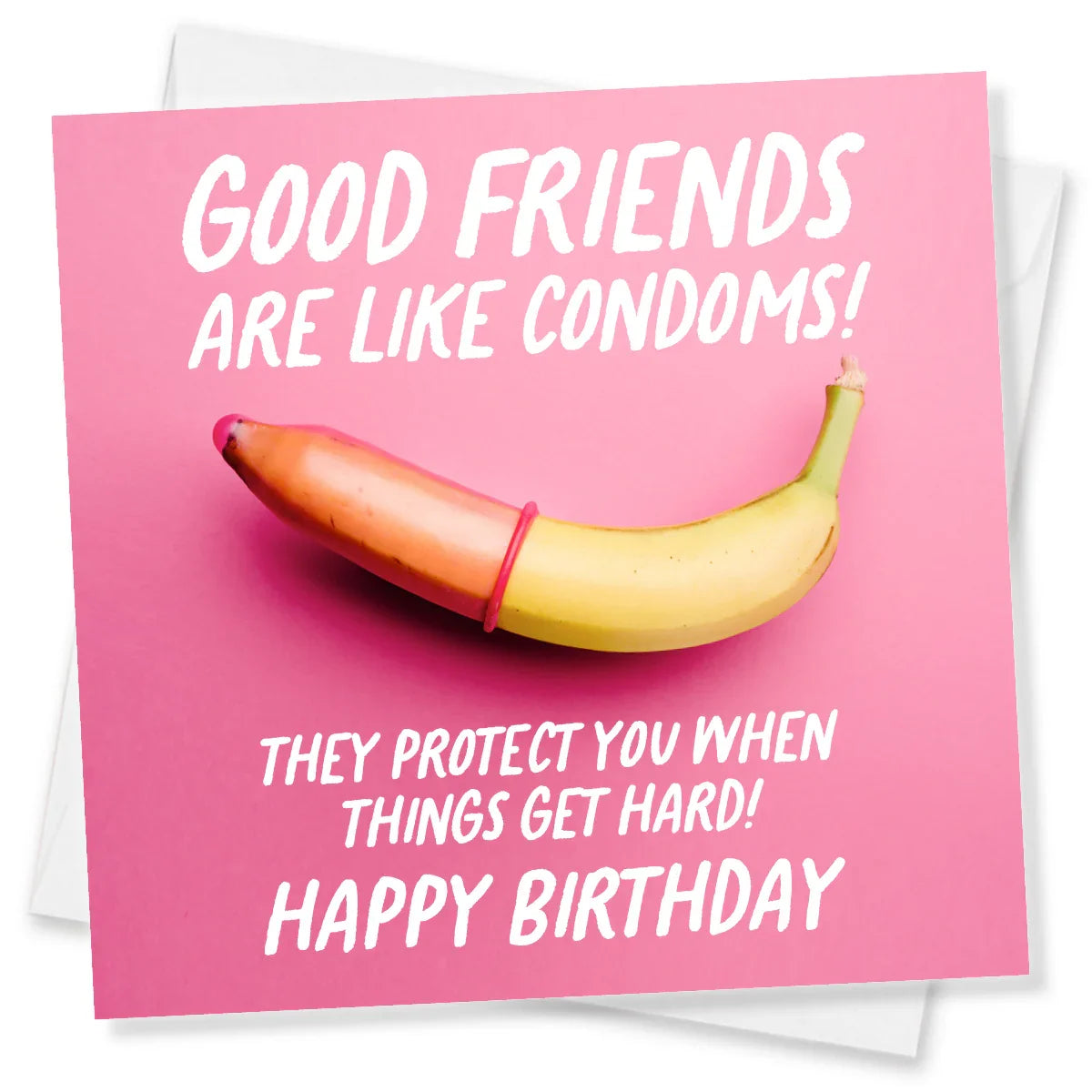 Birthday card with a banana and condom on a pink background with humorous text.