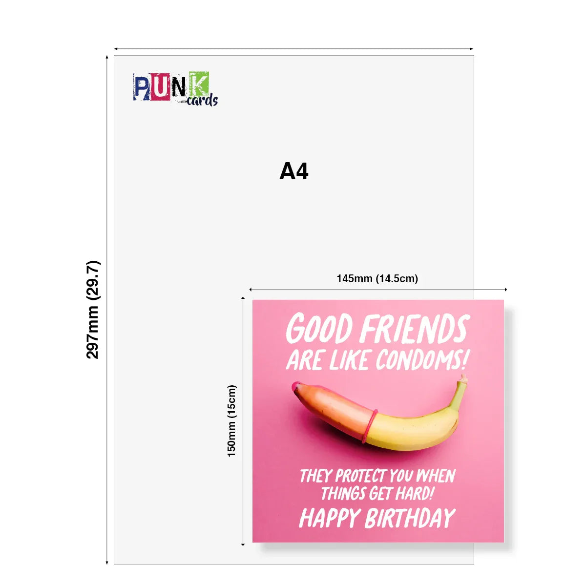 A4 size card with a humorous birthday message and a banana graphic, featuring the brand 'Punk Cards'.
