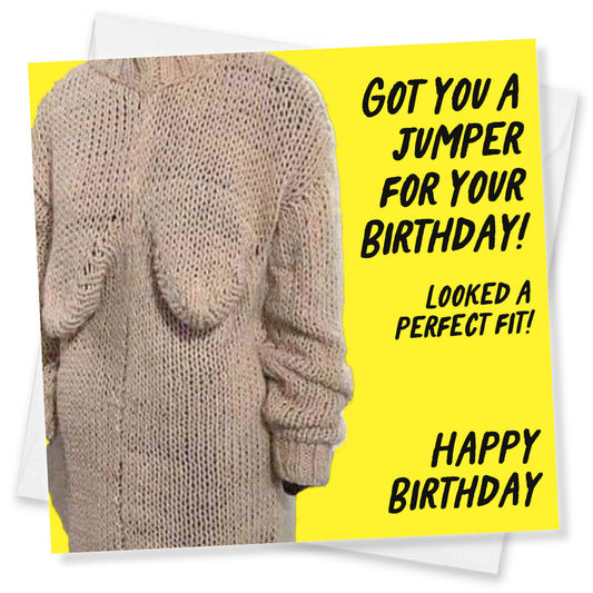 Birthday card with a knitted sweater and humorous text on a yellow background
