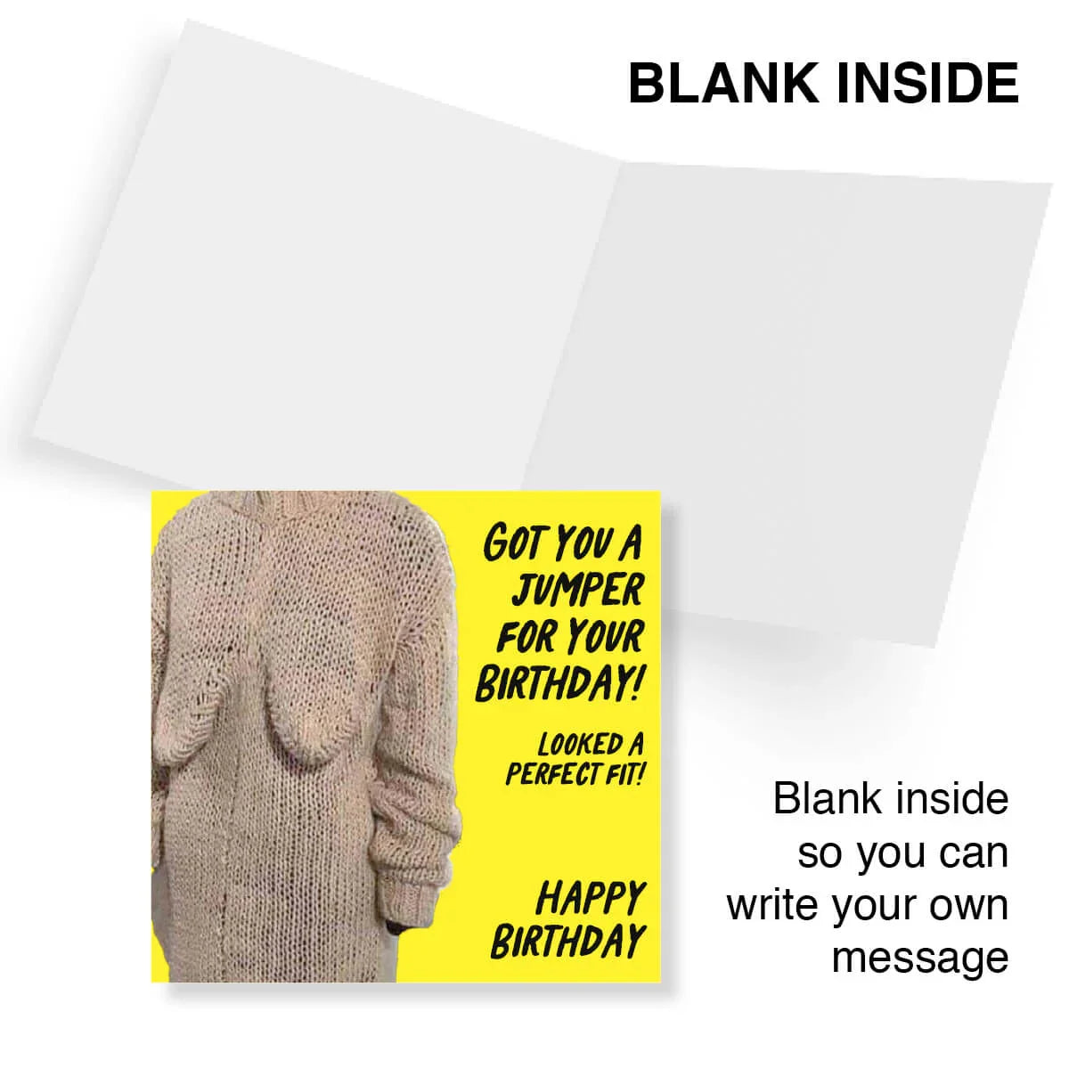 Greeting card with a picture of a sweater and text on a yellow background