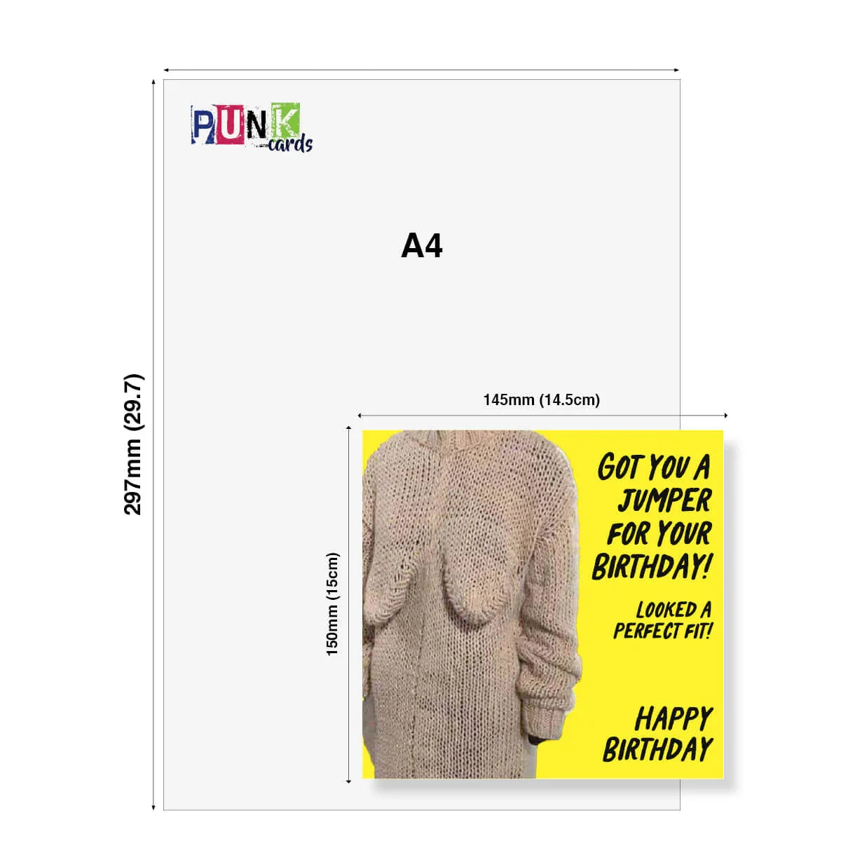 Greeting card with a beige knitted sweater and birthday message, displayed on an A4 sheet with dimensions.