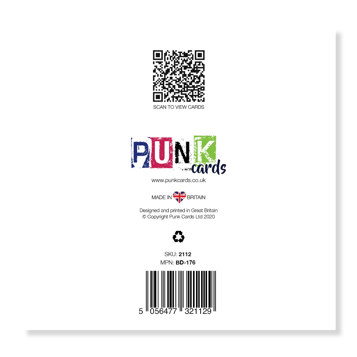 Back of a card with QR code, brand name, and product details on a white background