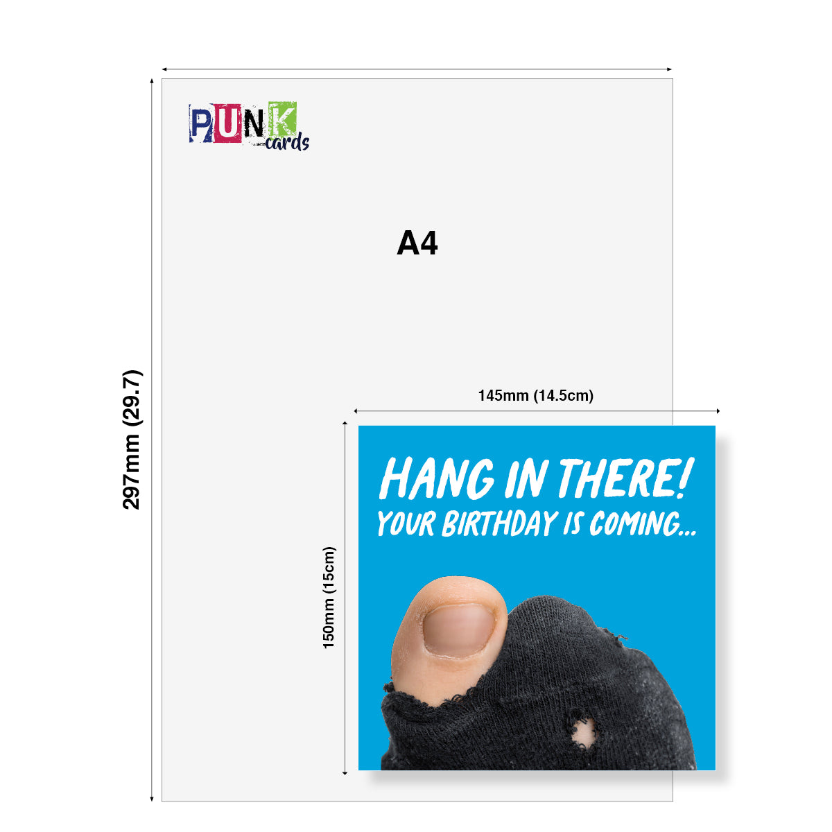 A4 size card with a humorous design and text, featuring the brand 'Punk Cards'.