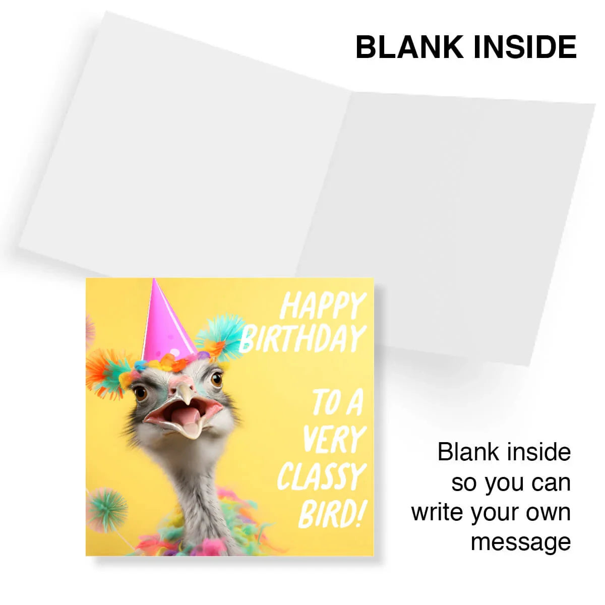 Birthday card with ostrich wearing a party hat and colorful headband on a yellow background.
