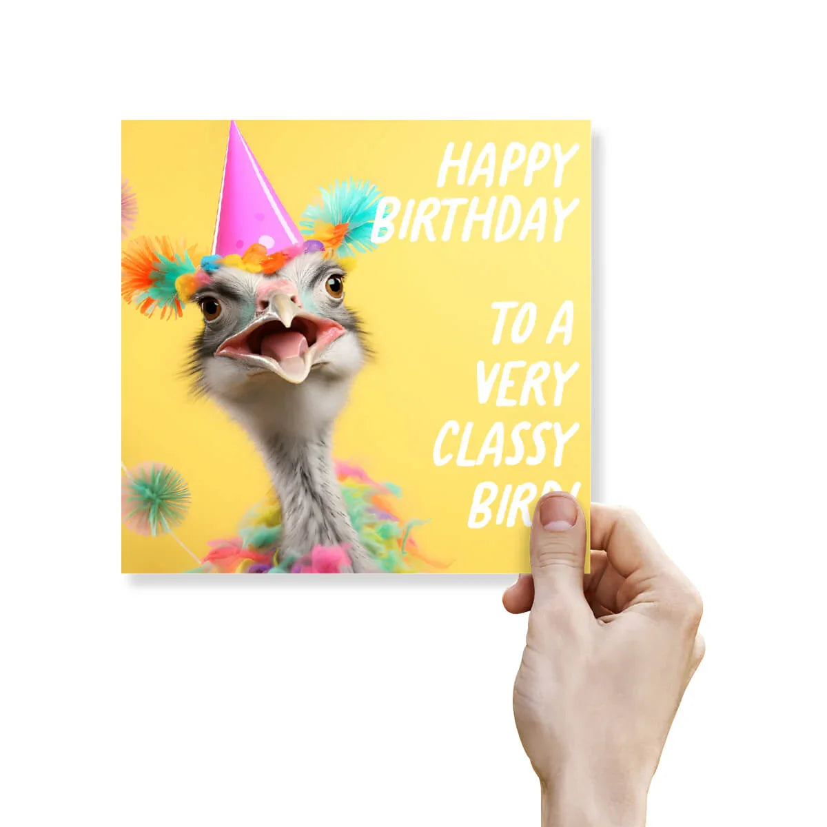 Birthday card with an ostrich wearing a party hat and colorful feathers on a yellow background.
