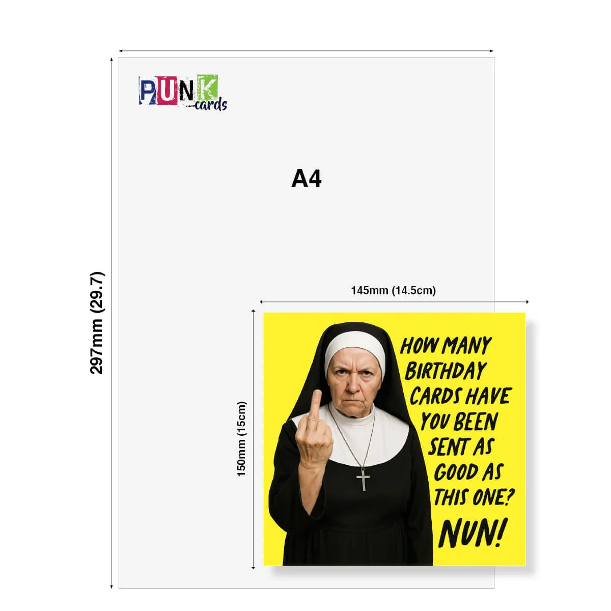 Funny birthday card featuring a stern nun making a rude gesture, bold yellow background, card size shown.