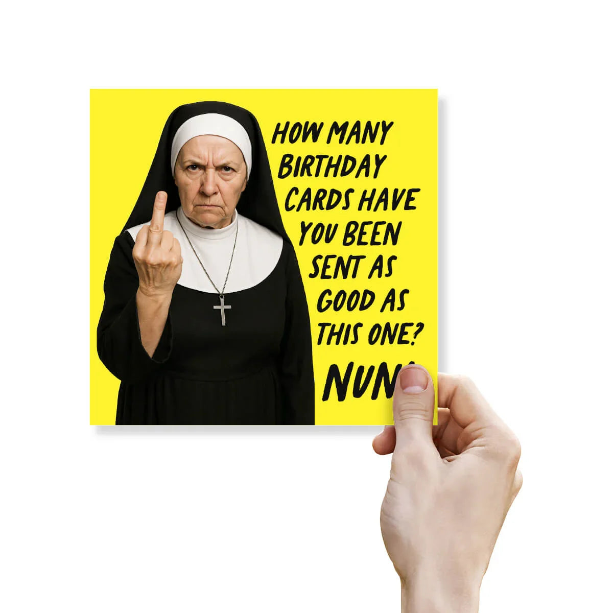 Funny rude birthday card featuring angry nun with middle finger and bold yellow background.