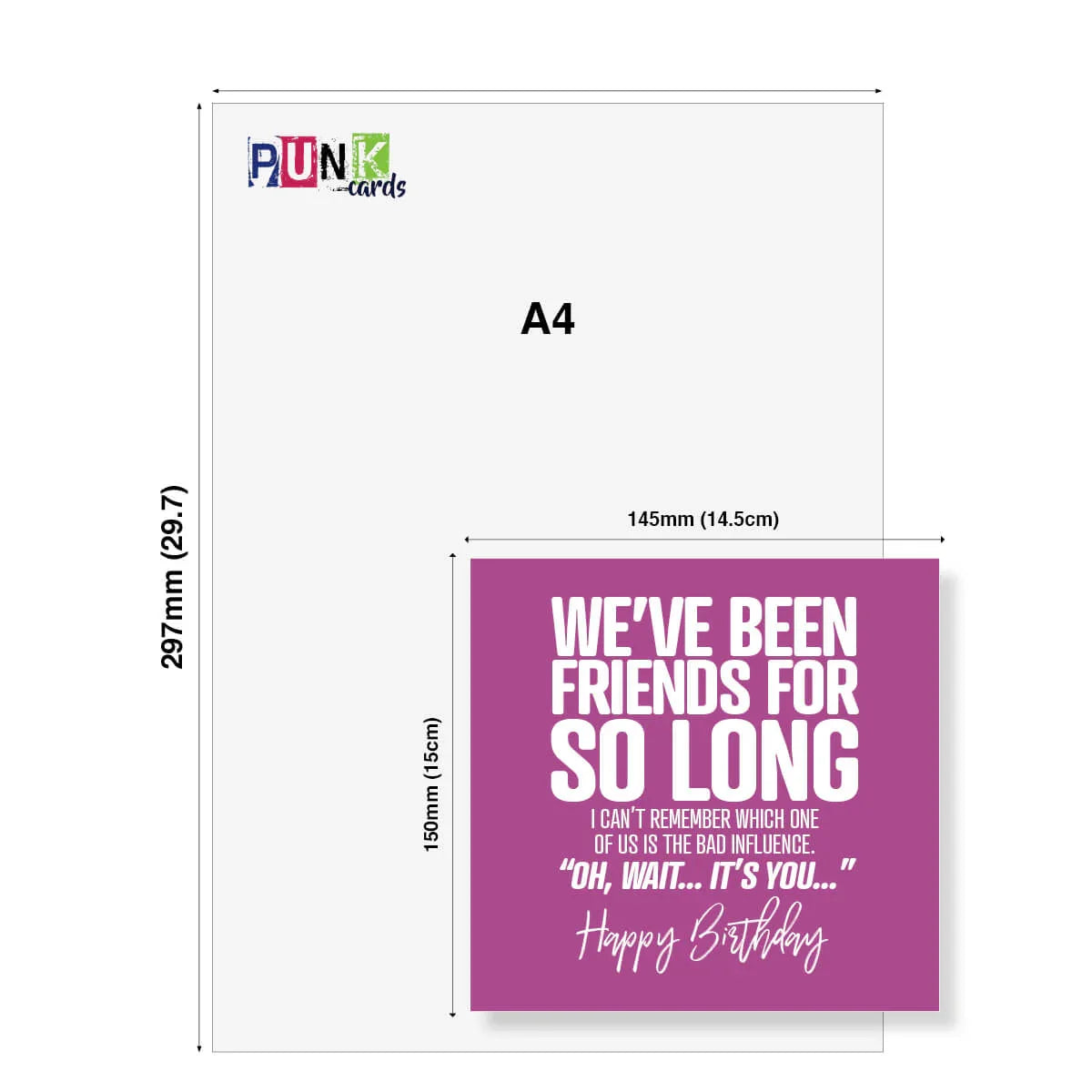 Funny birthday card with bold white text on purple, joke about friends being bad influences, card size shown against A4 sheet.