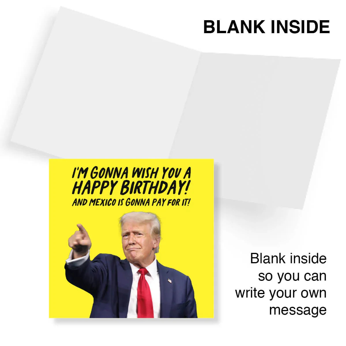 Greeting card with a yellow background featuring a person in a suit and tie, with text on a white background.