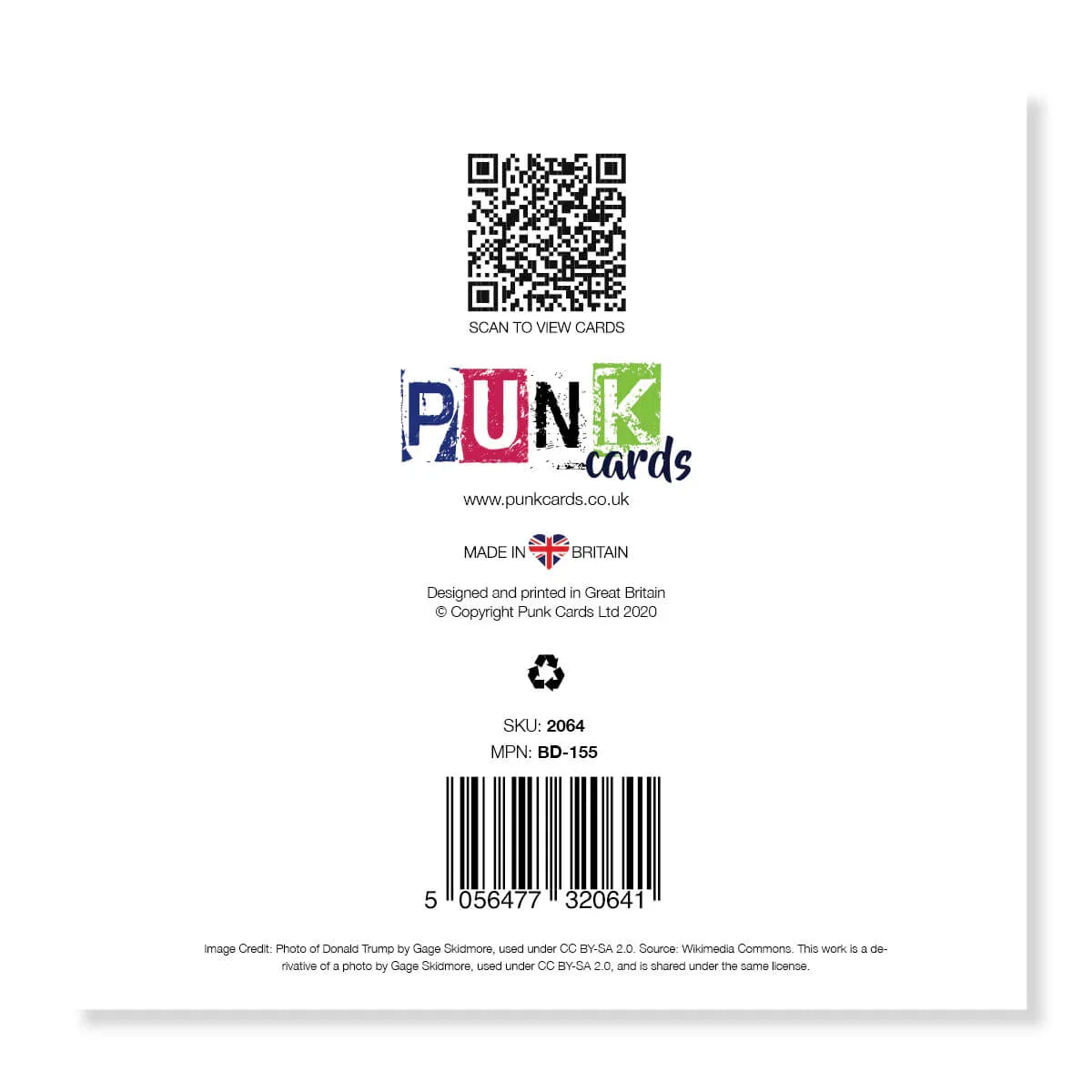 Back of a card with a QR code, brand name 'Punk Cards', and recycling symbol on a white background.
