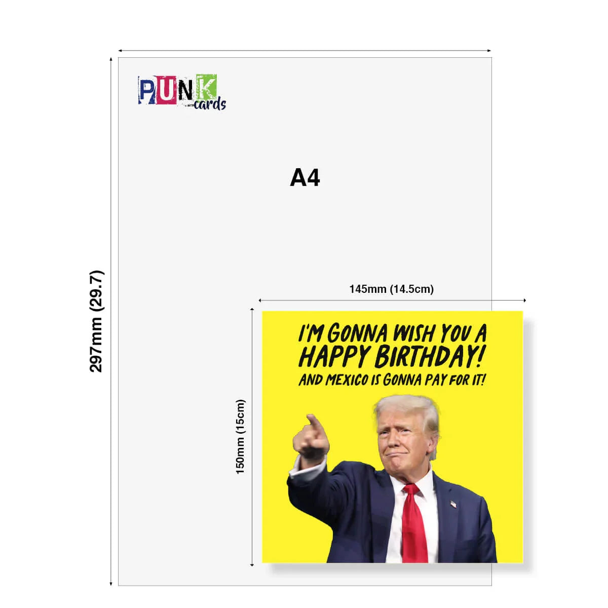 Punk Cards A4 size card with a printed design featuring a person in a suit and tie, text on a yellow background, and dimensions.