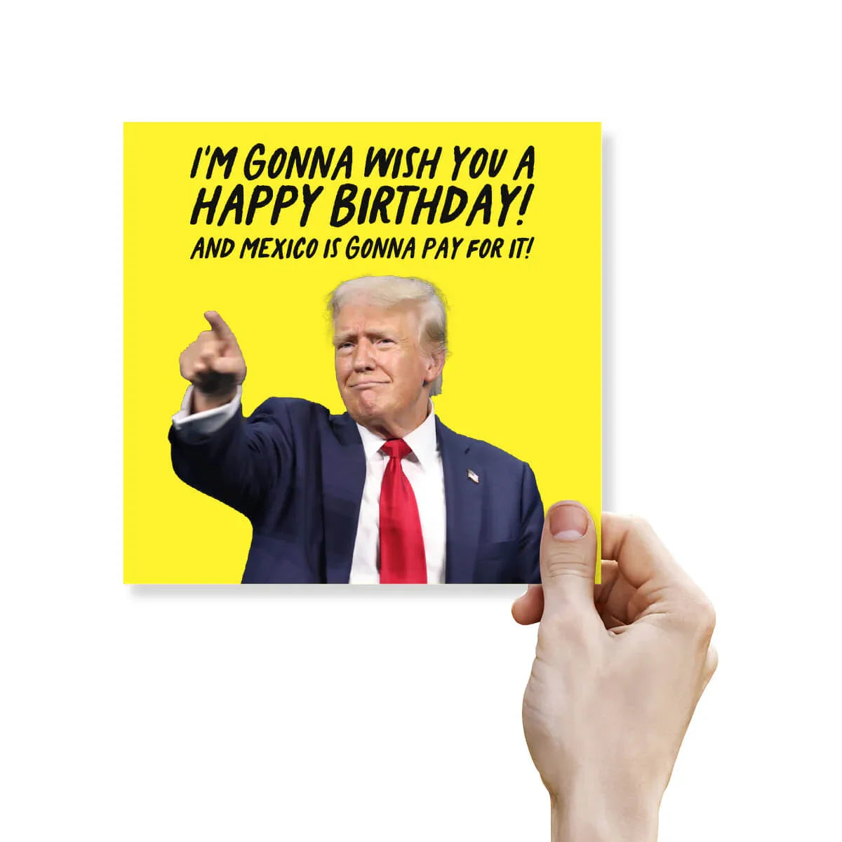 Birthday card with a printed image of a person and text on a yellow background