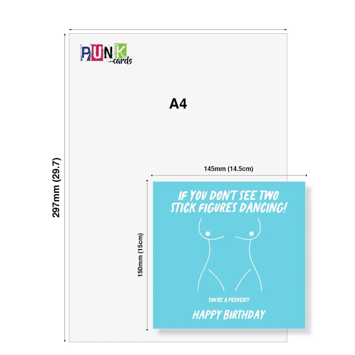 Greeting card with stick figure design and humorous text, displayed on a white background with dimensions.