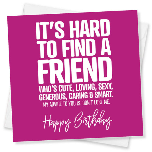 Birthday card with humorous text on a pink background