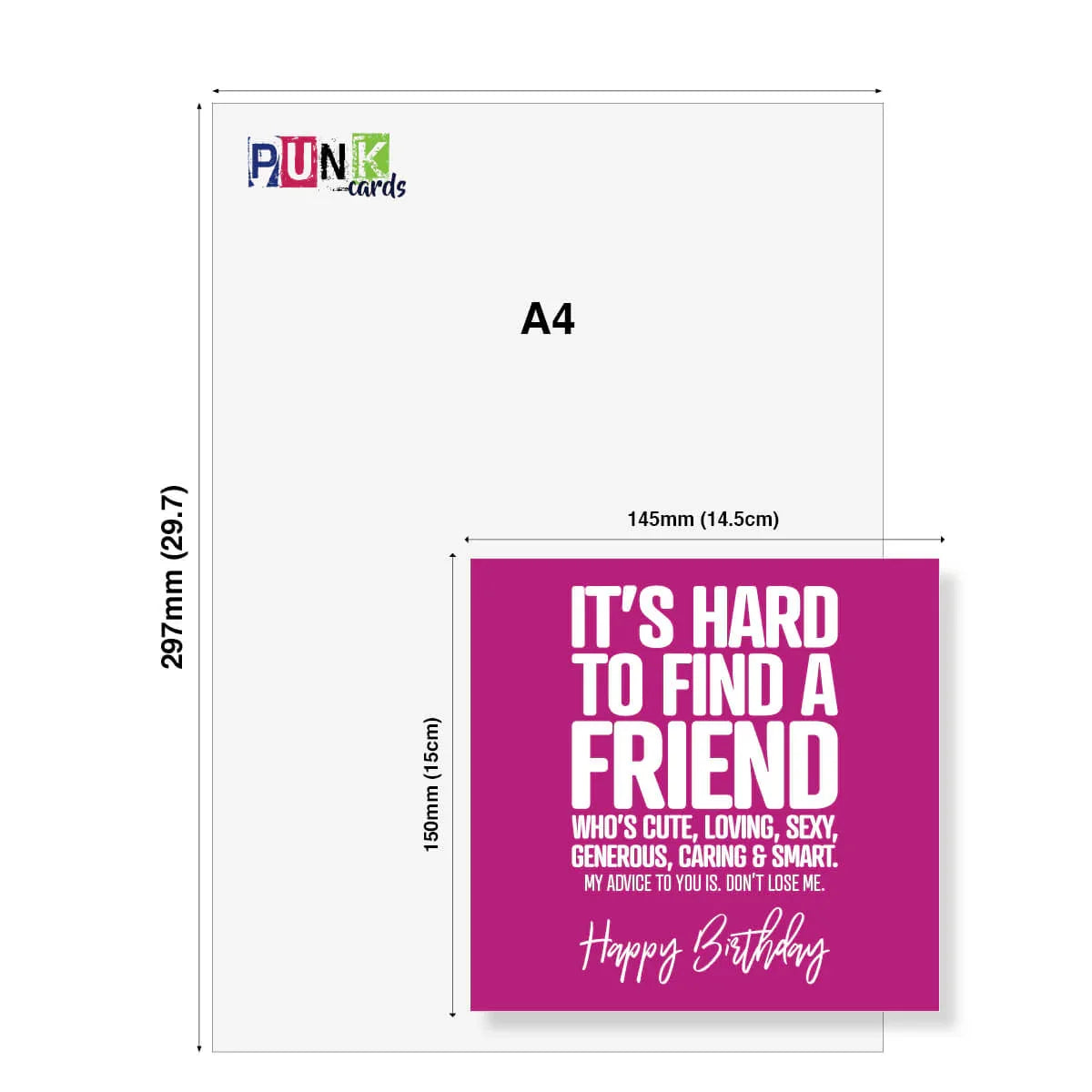A4 size card with a pink section displaying text and the brand 'Punk Cards' at the top.