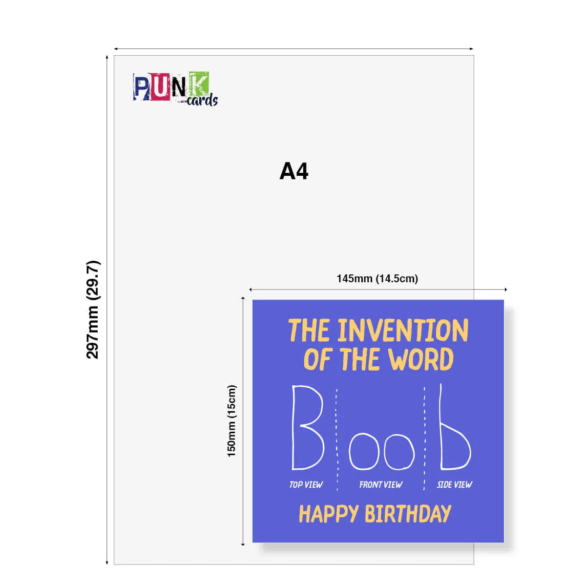 Birthday card with 'The Invention of the Word Boob' design on a white background with dimensions indicated.