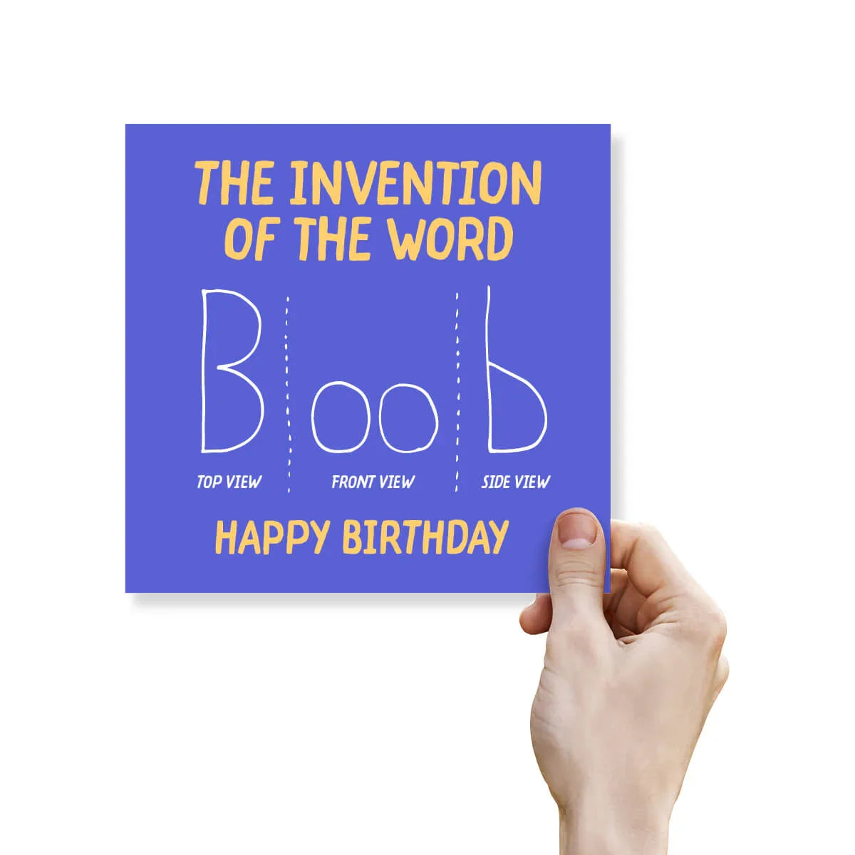Hand holding a card with 'The Invention of the Word Boob' design on a blue background