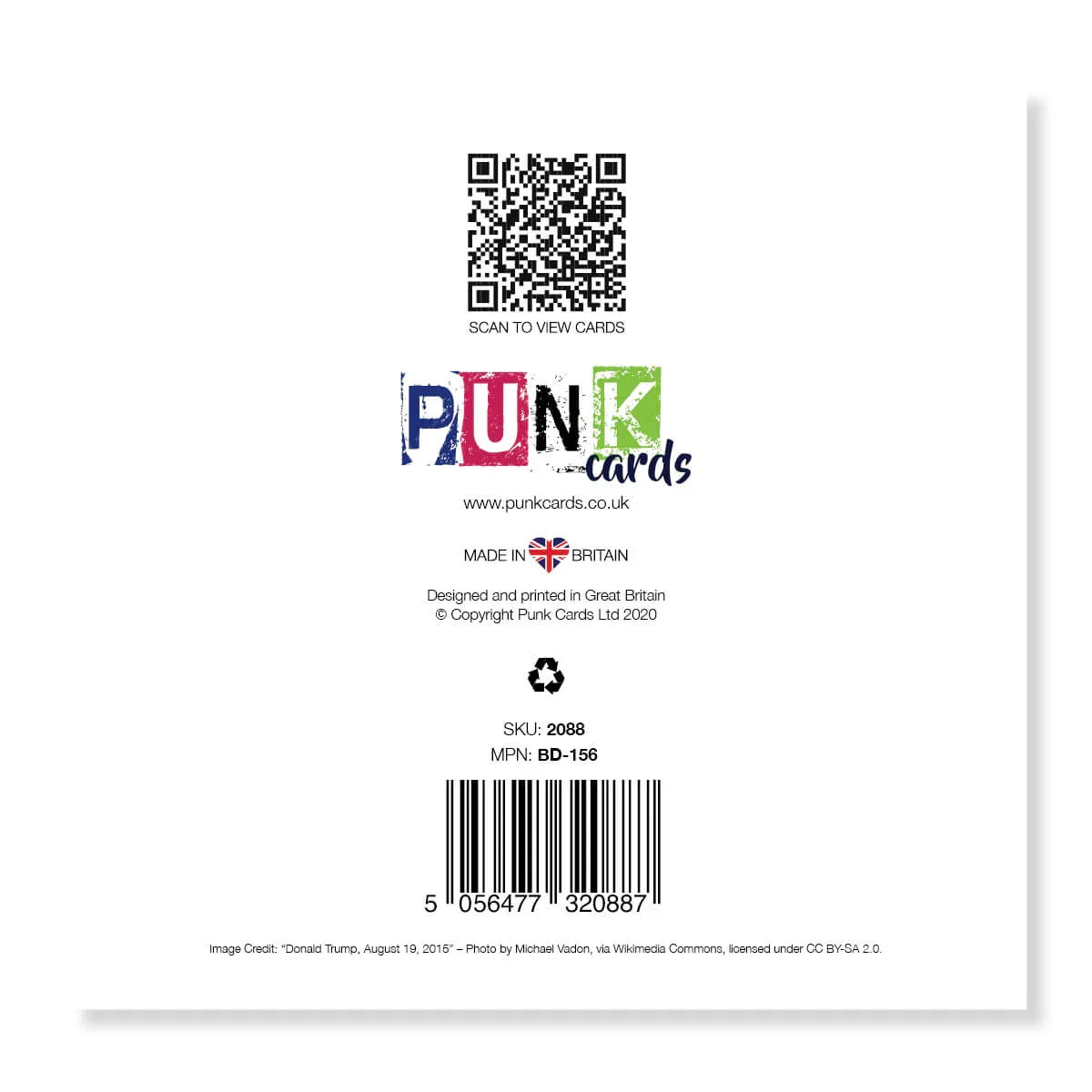 Back of a card with Punk Cards branding, QR code, and barcode on a white background