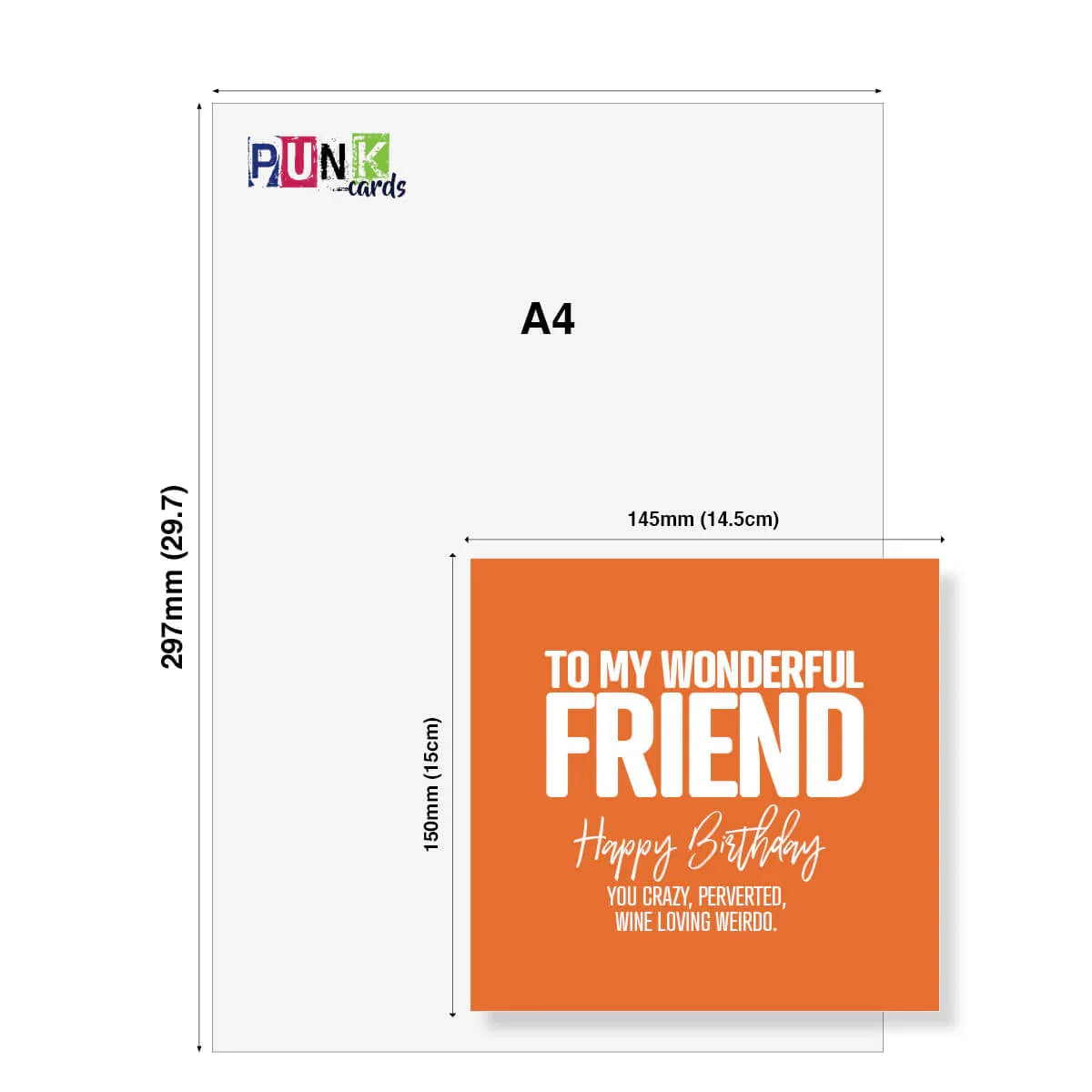 Greeting card with 'To my wonderful friend' text on an A4 sheet, featuring Punk Cards branding.