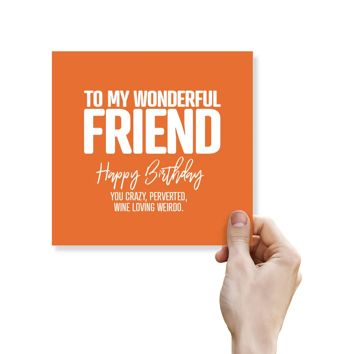 Hand holding an orange card with white text on a white background