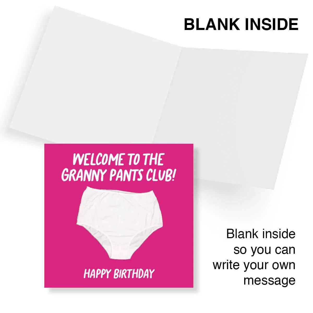 Funny birthday card with white granny pants on pink background, blank inside for message