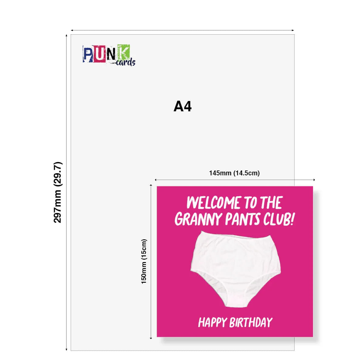 Funny birthday card with white underwear and text 'Welcome to the Granny Pants Club! Happy Birthday'.