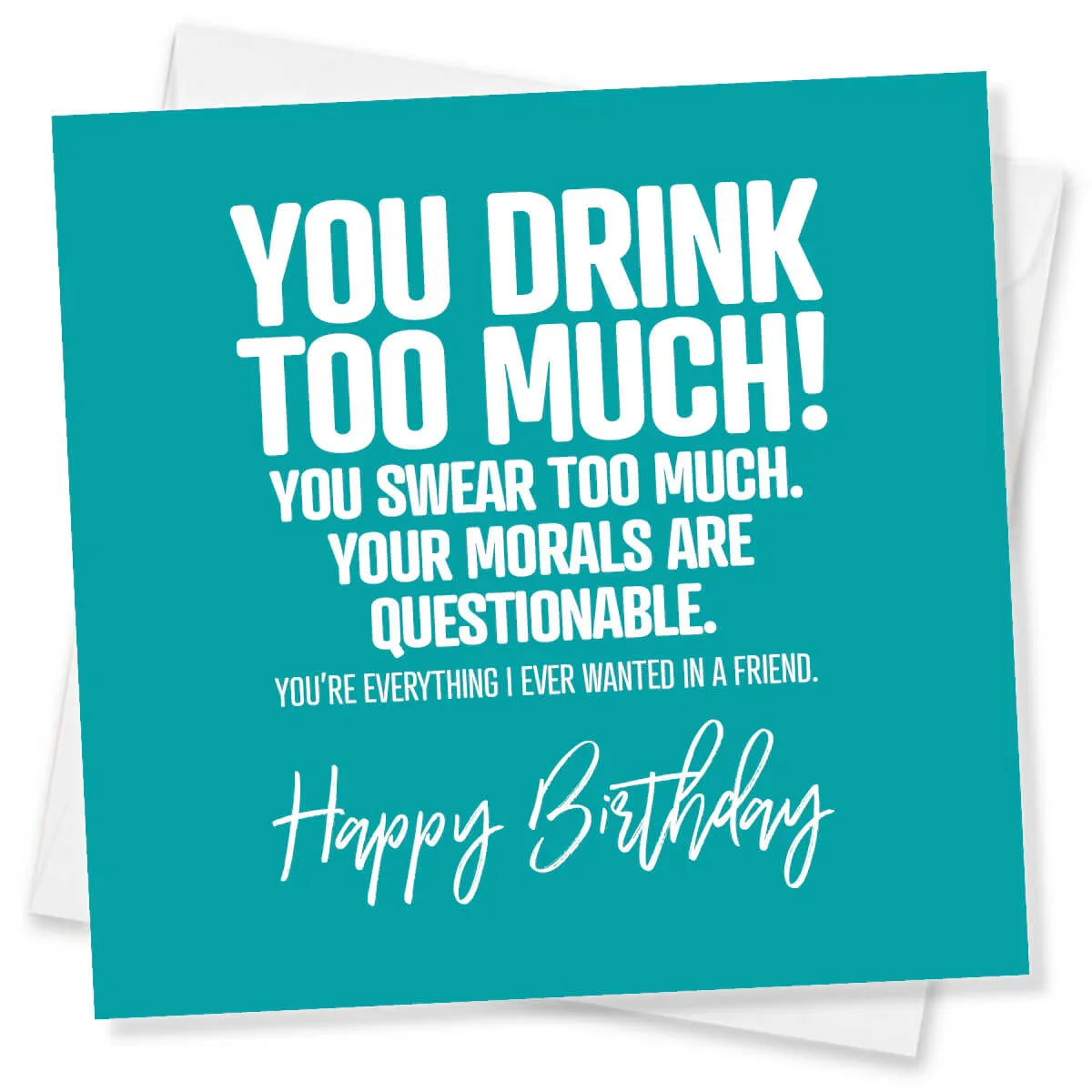 Birthday card with humorous text on a teal background