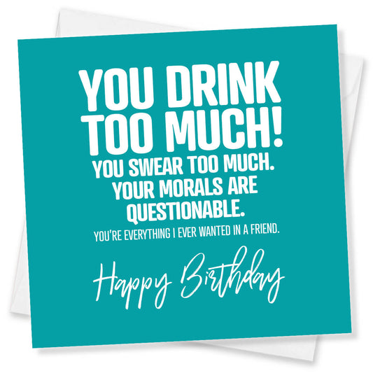 Birthday card with humorous text on a teal background