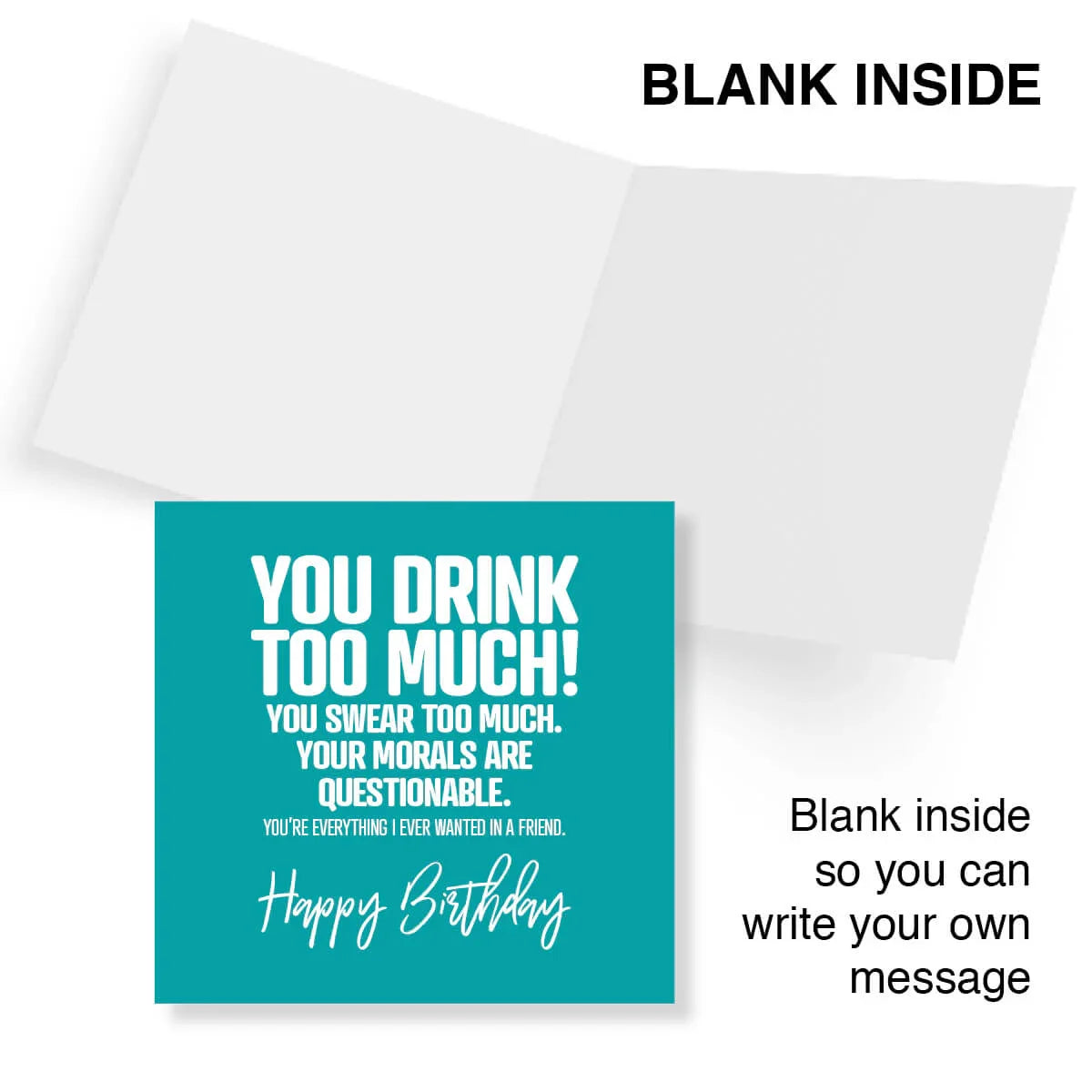 Greeting card with humorous birthday message on a teal background