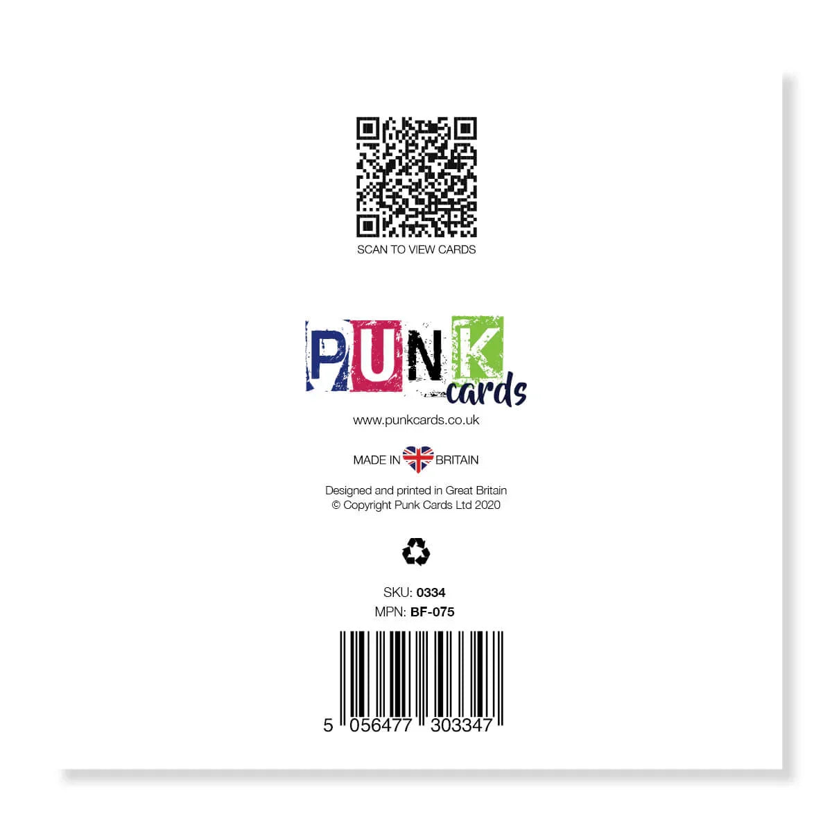 Back of a card with QR code, brand name 'Punk Cards', and product details on a white background