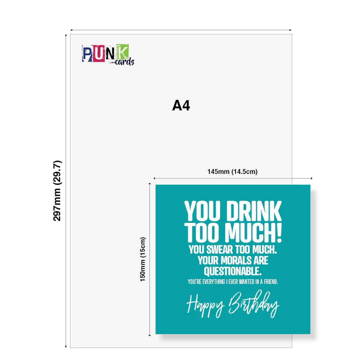 A4 size card with humorous birthday message and Punk Cards branding.