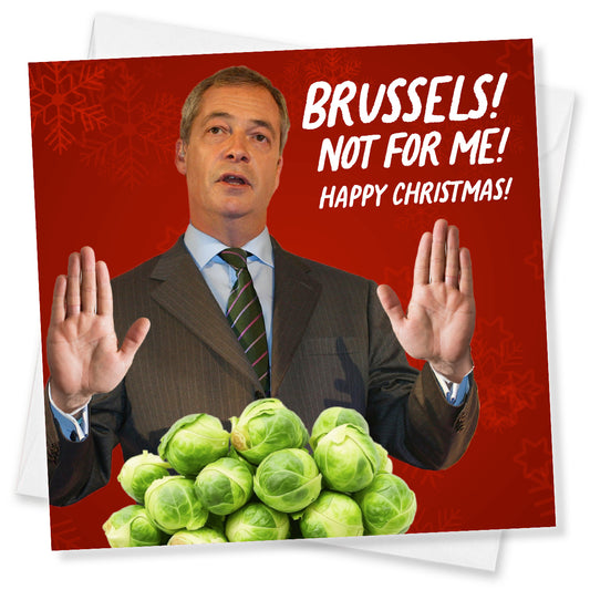 Card with a man holding Brussels sprouts and text 'Brussels! Not for me! Happy Christmas!' on a red background