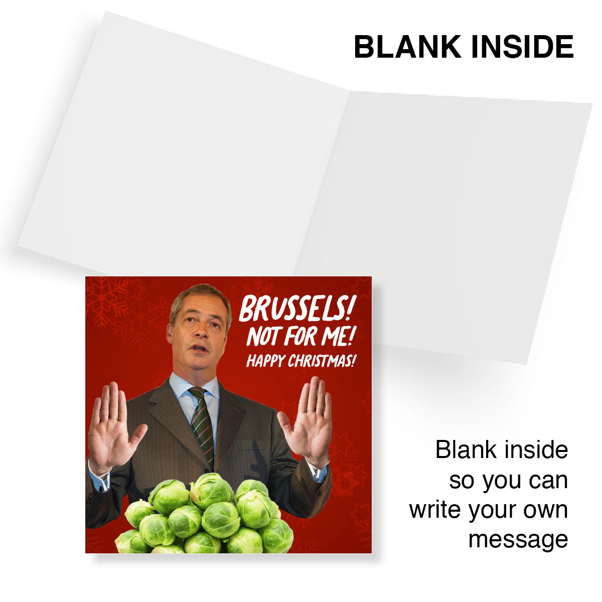 Greeting card with a man in a suit and Brussels sprouts, featuring text 'BRUSSELS! NOT FOR ME! HAPPY CHRISTMAS!' on a red background.