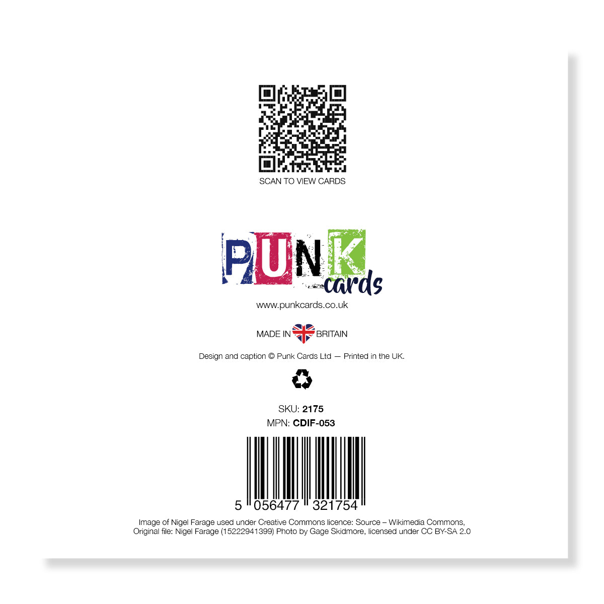 Back of a card with Punk Cards branding, QR code, and barcode on a white background