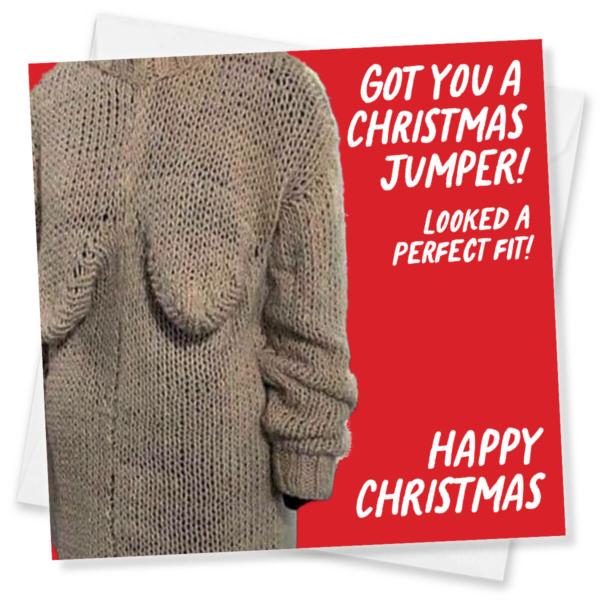 Funny Christmas card with red background and Christmas jumper – design by Punk Cards UK