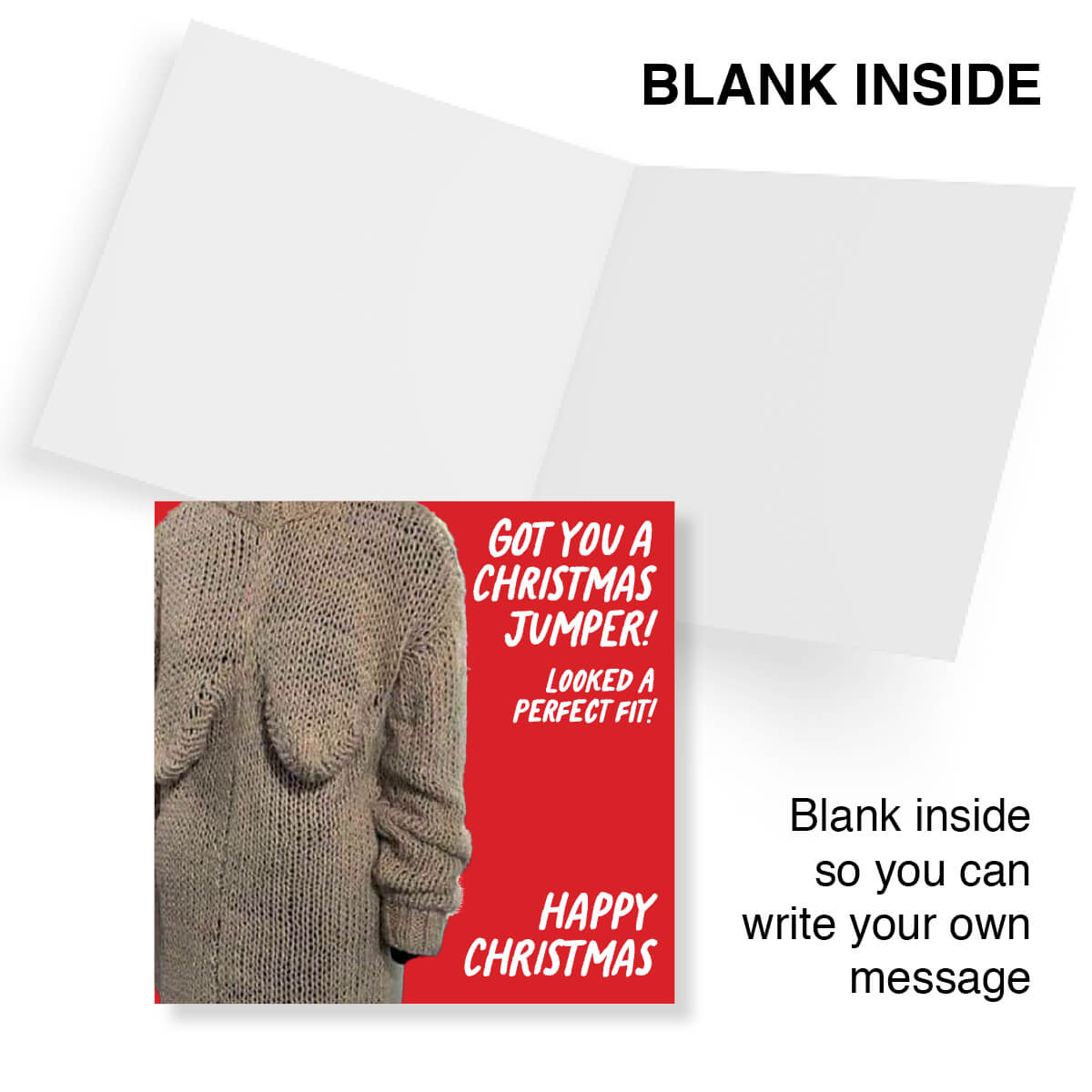Inside of funny Christmas card – blank inside for your own message.