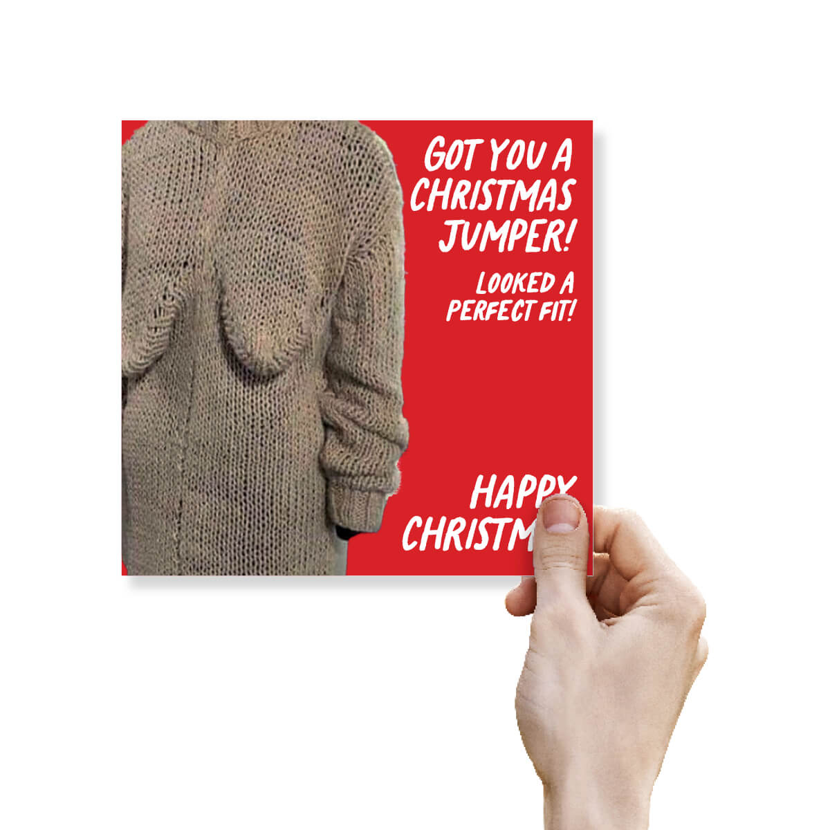 Funny Christmas card shown next to A4 sheet for size comparison