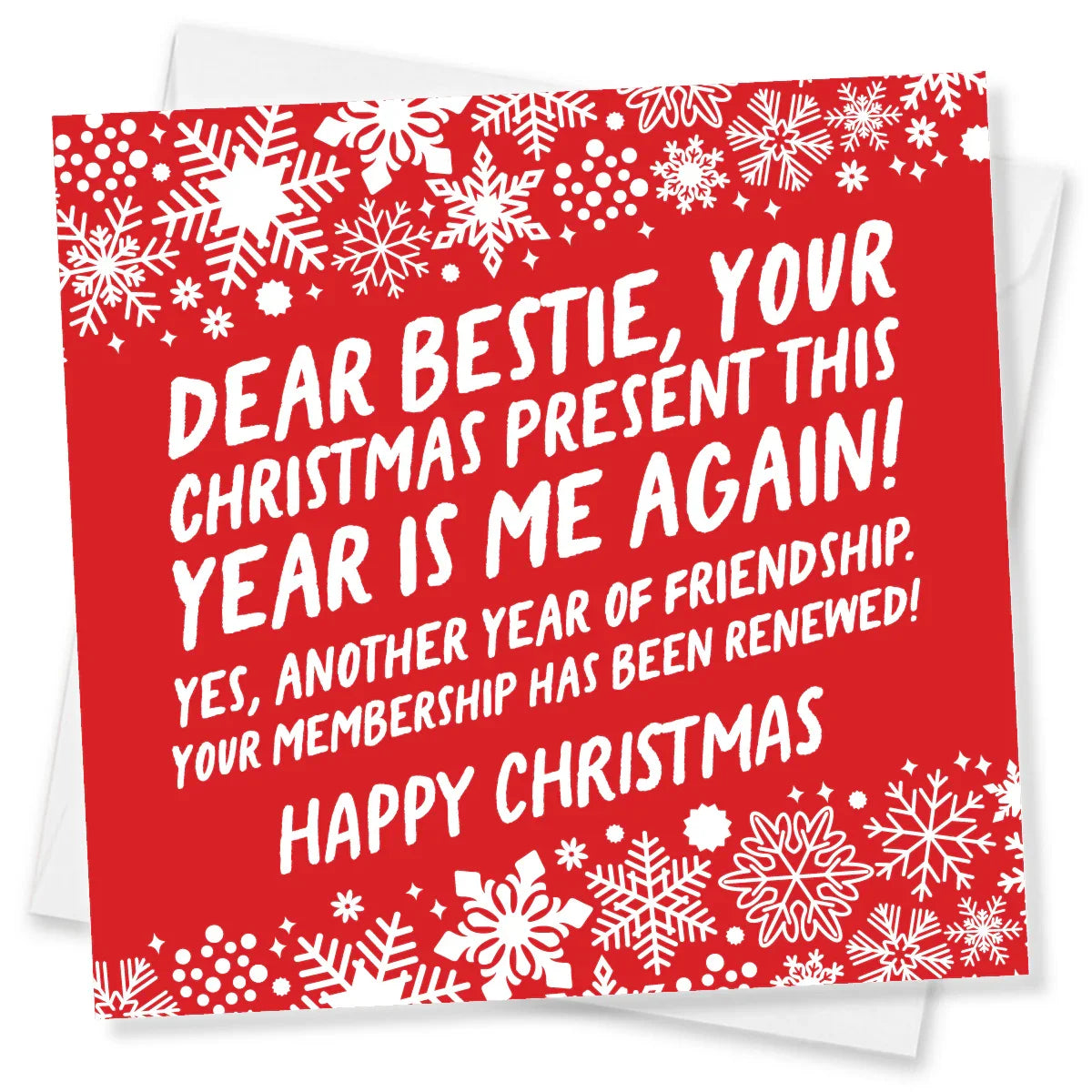 Red Christmas card with white text and snowflakes on a white background
