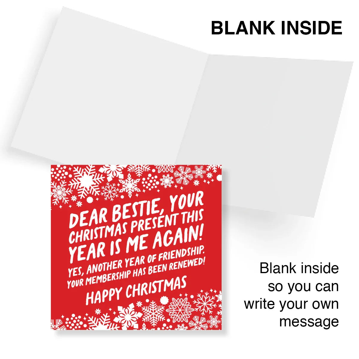 Red Christmas card with white text and snowflakes on a white background