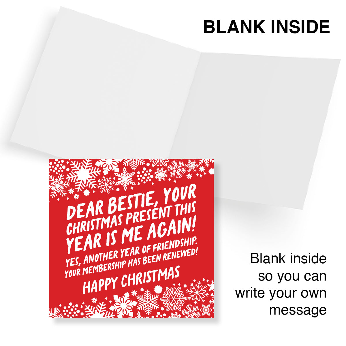 A red Christmas greeting card shown partially opened on a white background, with text reading 'BLANK INSIDE' and 'Blank inside so you can write your own message.' The card has white snowflake borders and a festive message printed in white text.