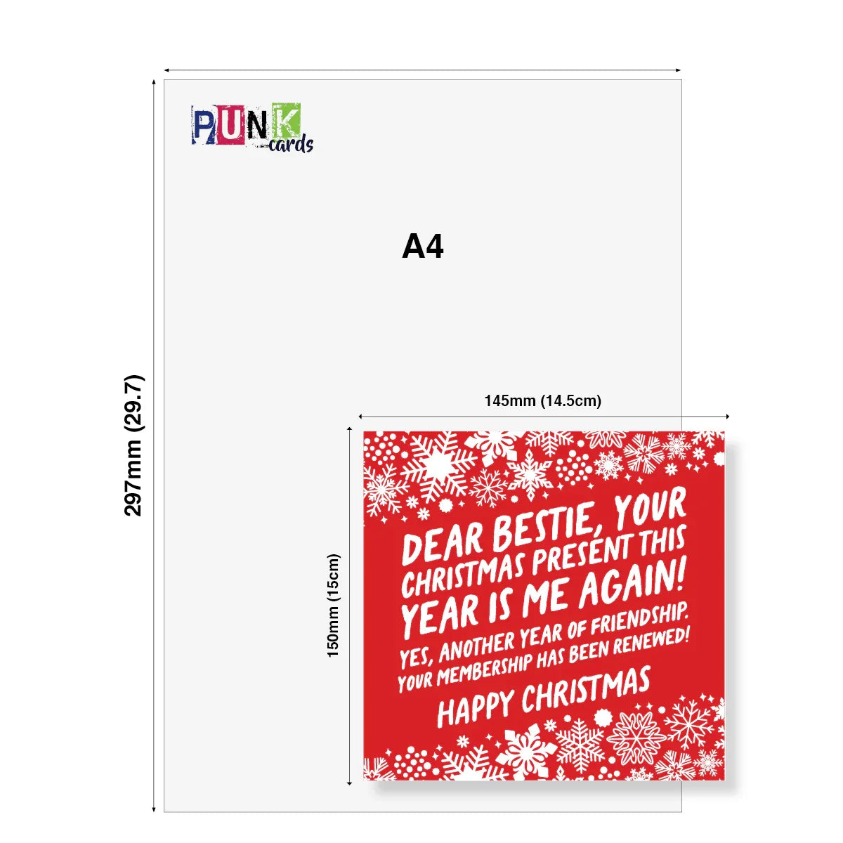 A4 size card with a humorous Christmas message and snowflake design.