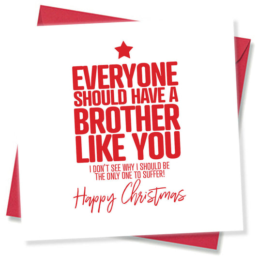 Red Christmas card with humorous text and geometric shapes on a white background
