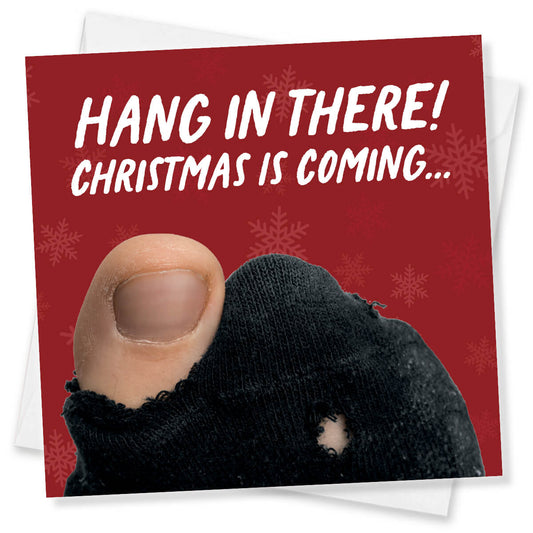 Funny Christmas card with red background and holey sock – Hang in There design by Punk Cards UK