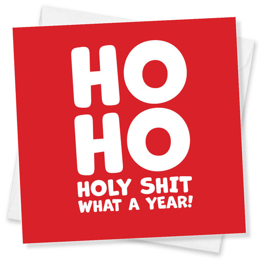 A square red greeting card with bold white text reading 'HO HO HOLY SHIT WHAT A YEAR!' layered over a white envelope on a white background.