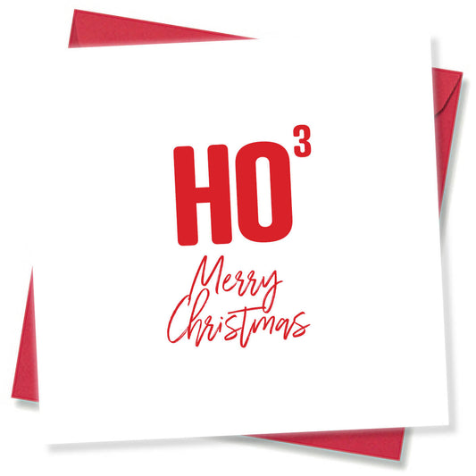 Red 'HO Merry Christmas' text on a white background with red envelope.