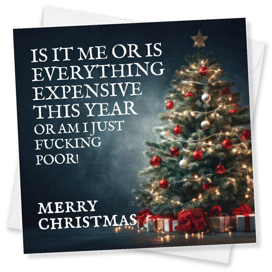 Front of the Punk Cards Christmas card reading “Is Everything Very Expensive or Am I Just Fucking Poor”.