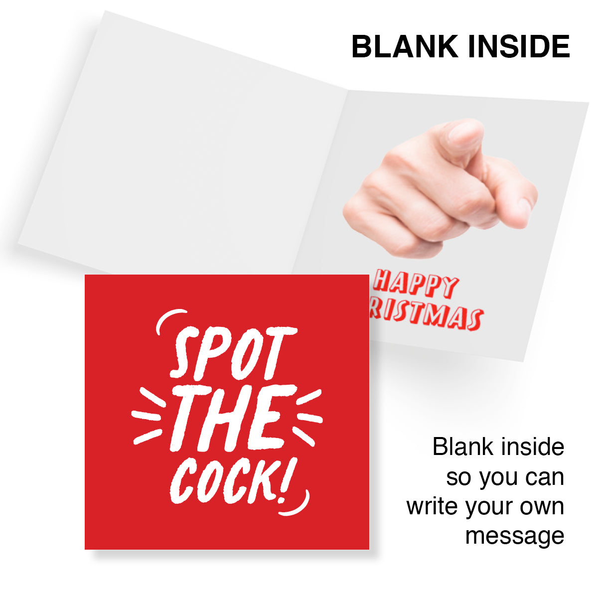 Greeting card with a red square and white text 'SPOT THE COCK!' on a white background.