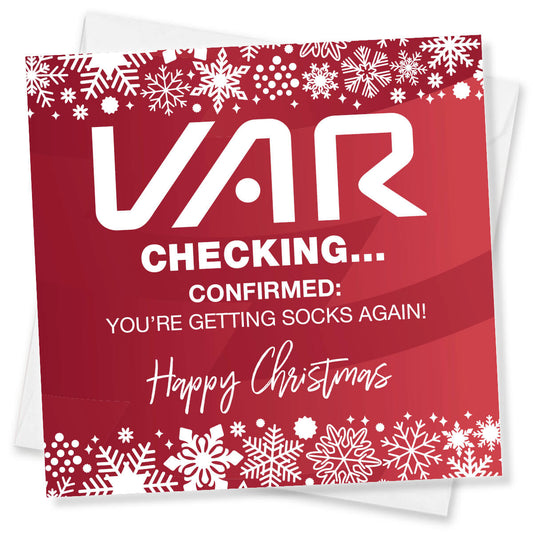Red Christmas card with white text and snowflake patterns, featuring the word 'VAR'.