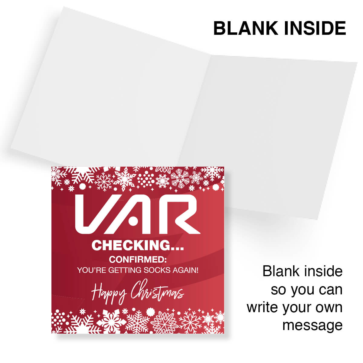 Red card with white text and snowflake designs, featuring the text 'VAR Checking.